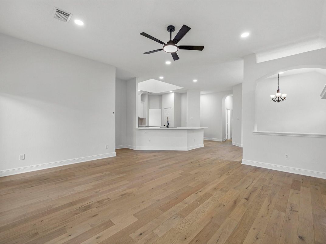 Chandelier, Empty room, Interior, Kitchen, Recessed Lighting, Wood Texture Flooring