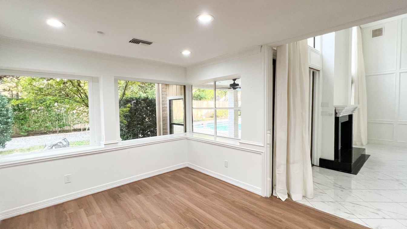 Empty room, Fireplace, Interior, Marble, Recessed Lighting, Wood Texture Flooring