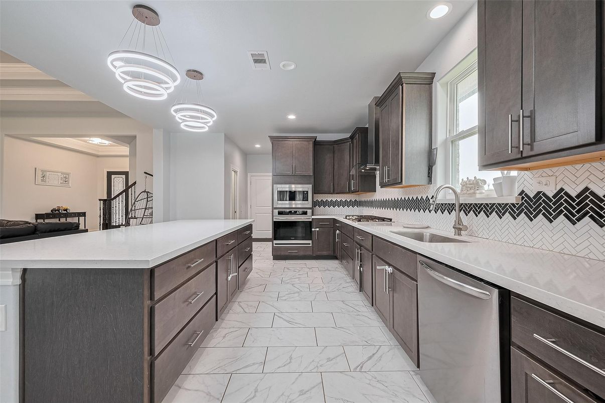 Interior, Kitchen, Marble, Pendant Lights, Recessed Lighting, Stainless Steel Appliances