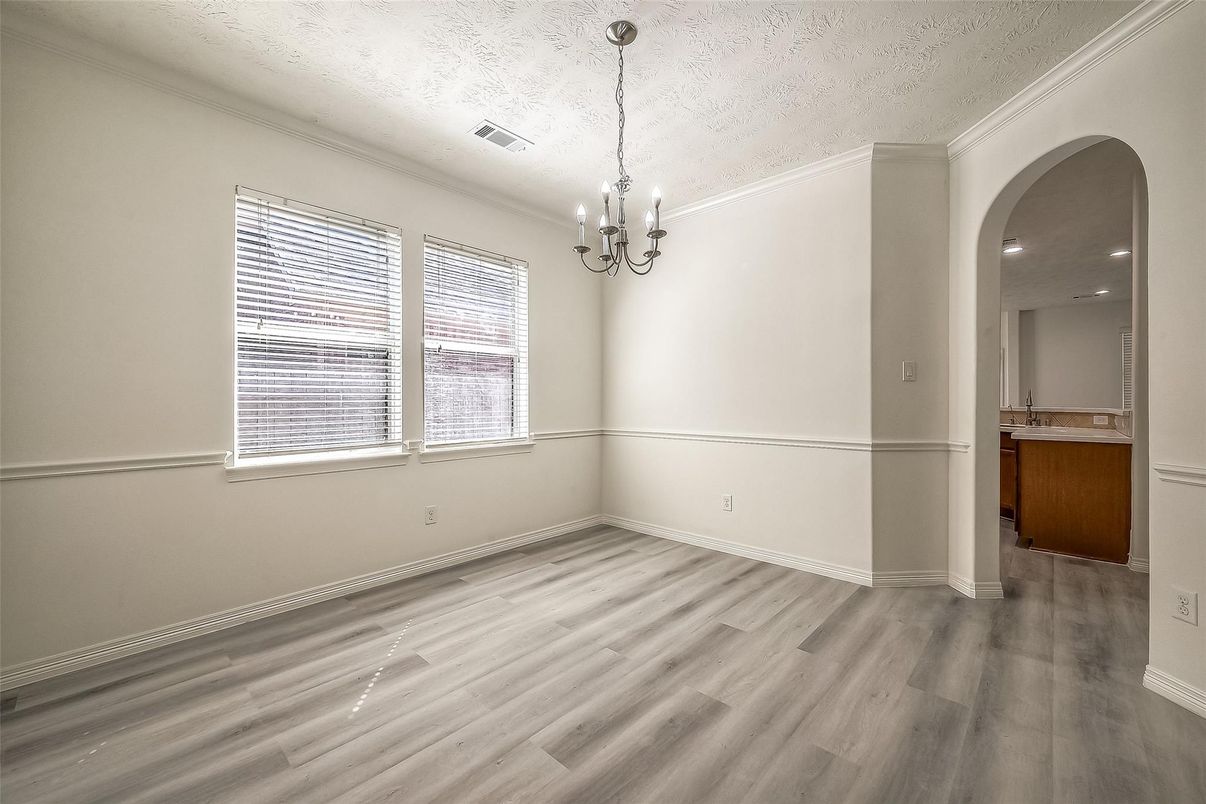 Chandelier, Empty room, Interior, Recessed Lighting, Wood Texture Flooring