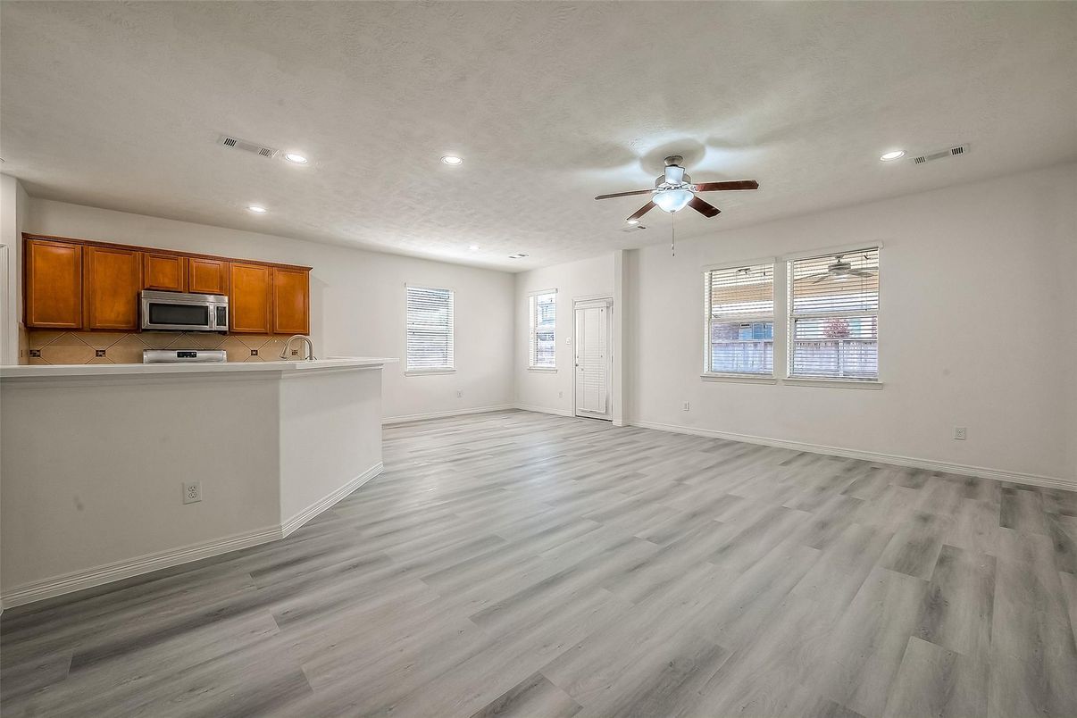 Empty room, Interior, Kitchen, Recessed Lighting, Wood Texture Flooring