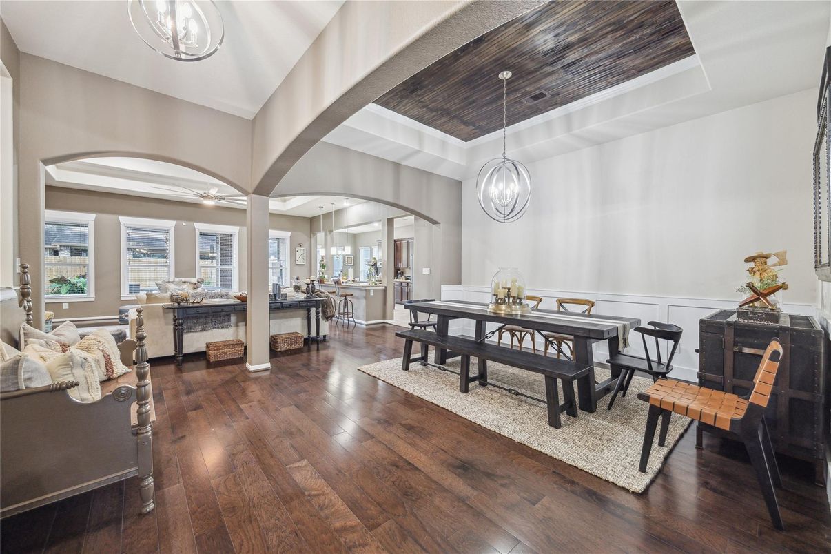 Chandelier, Dining room, Interior, Living room, Pendant Lights, Wooden Ceilings, Wood Texture Flooring