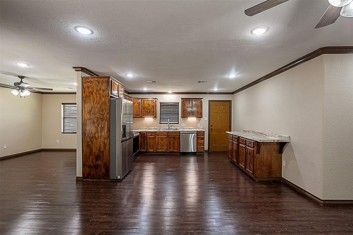 Interior, Kitchen, Recessed Lighting, Stainless Steel Appliances, Wood Texture Flooring