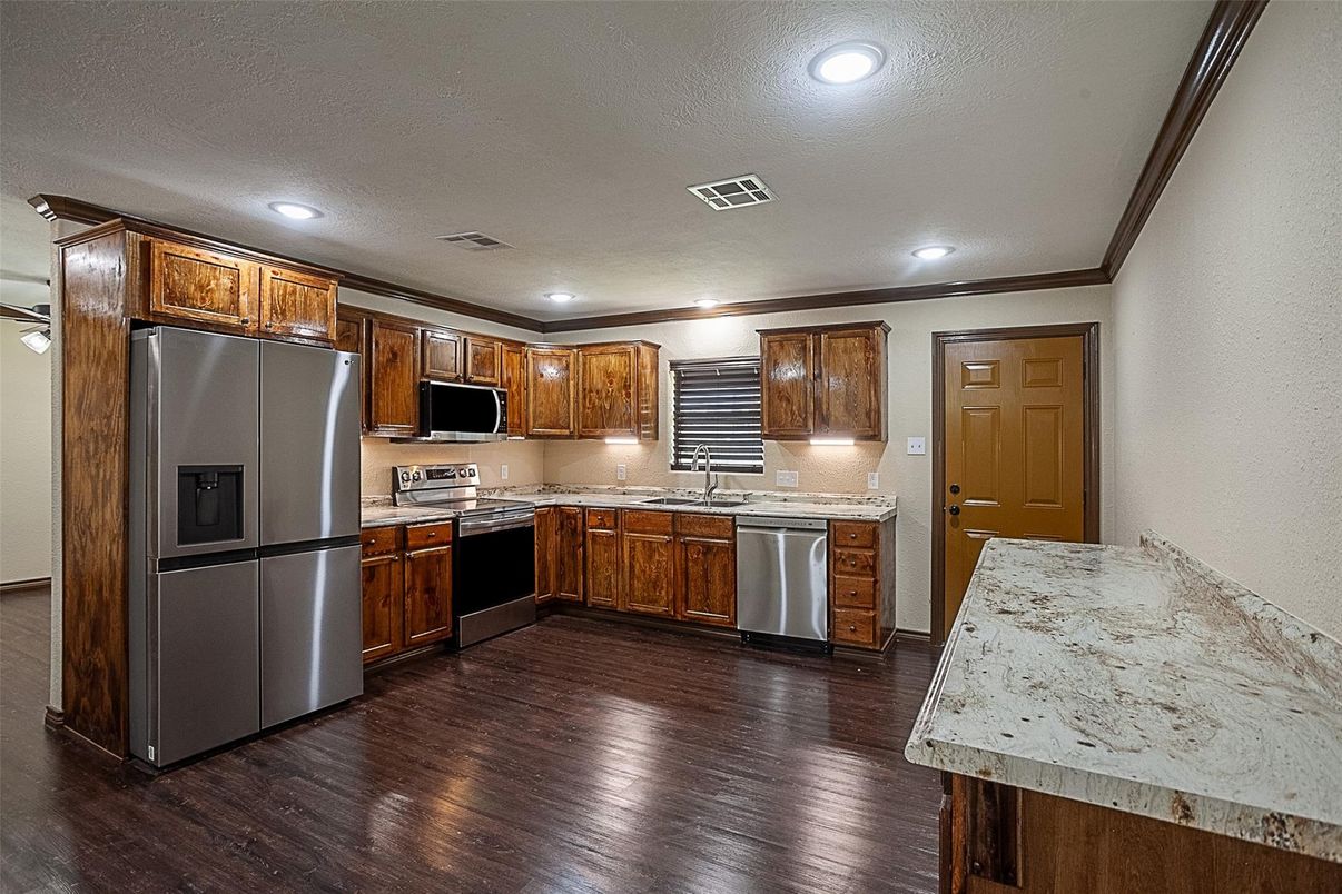 Interior, Kitchen, Recessed Lighting, Stainless Steel Appliances, Wood Texture Flooring