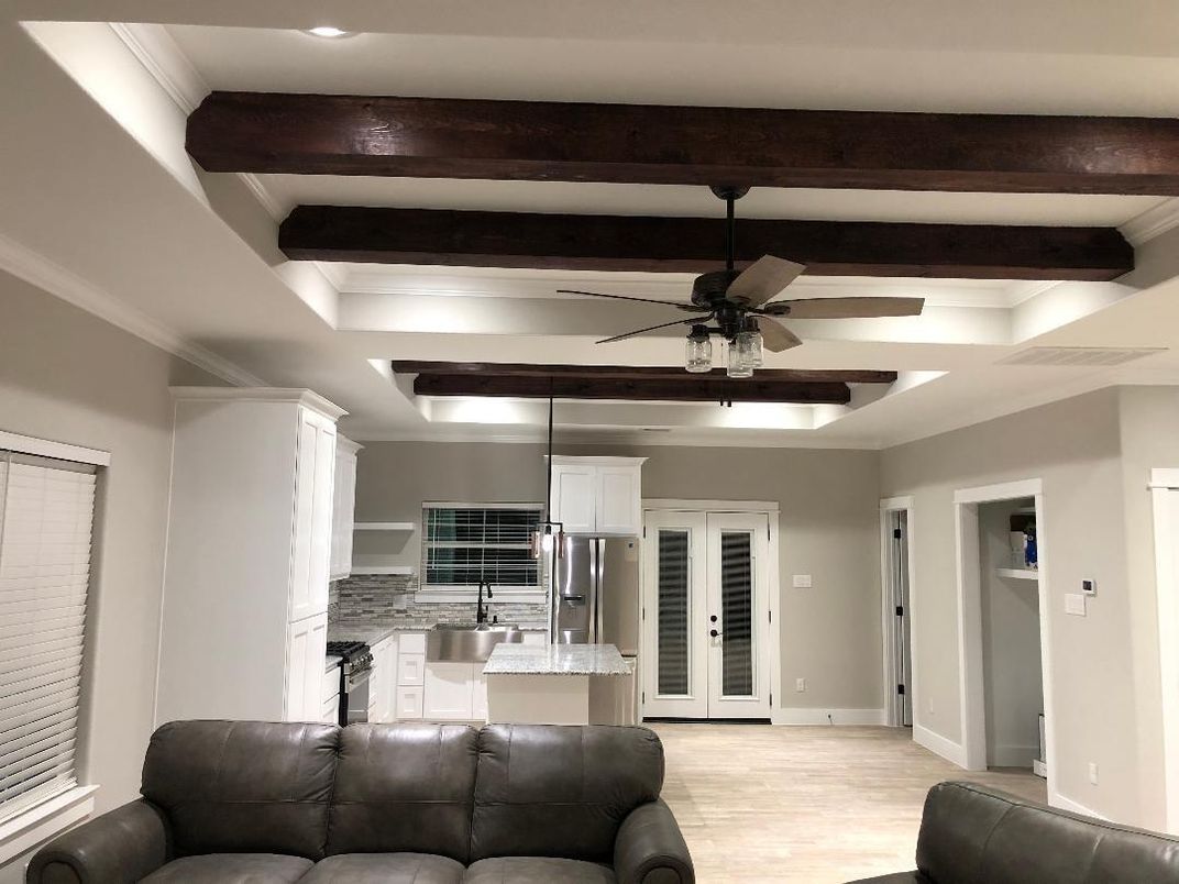 Interior, Living room, Recessed Lighting, Wooden Beams, Wood Texture Flooring