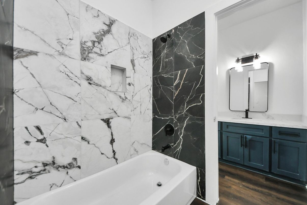 Bathroom, Interior, Marble Walls, Wood Texture Flooring