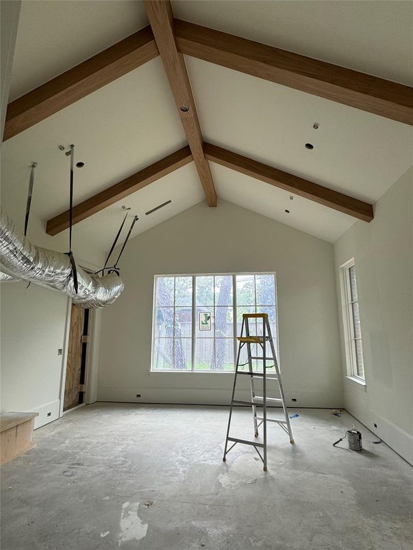 Empty room, Interior, Recessed Lighting, Wooden Beams