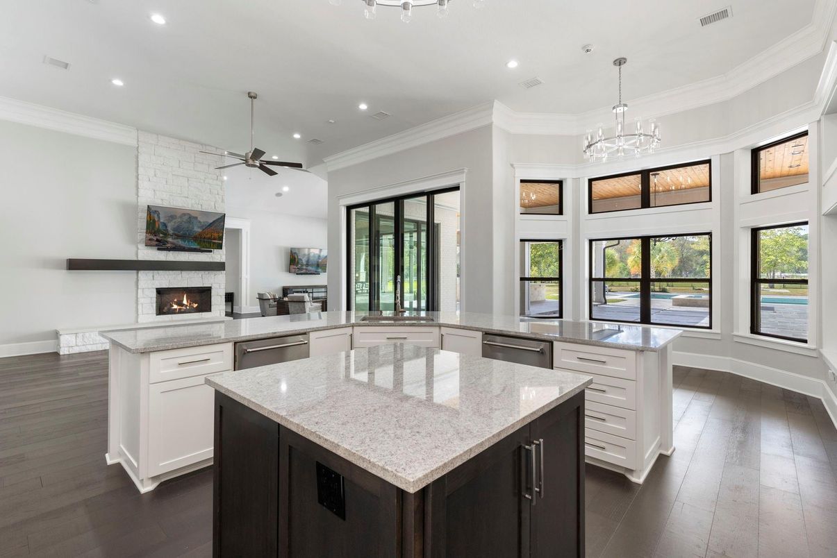Fireplace, Interior, Kitchen, Pendant Lights, Recessed Lighting, Stone Walls, Wood Texture Flooring