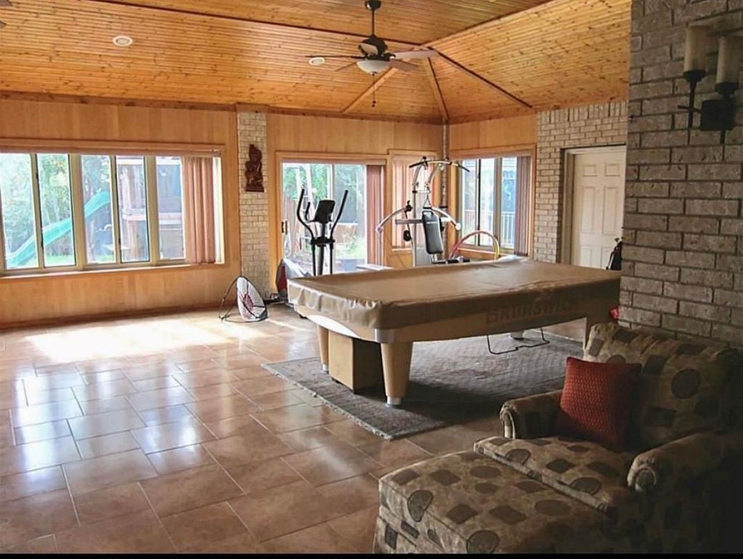 Billiard Table, Fitness Equipment, Game Room, Interior, Recessed Lighting, Stone Walls, Wooden Ceilings