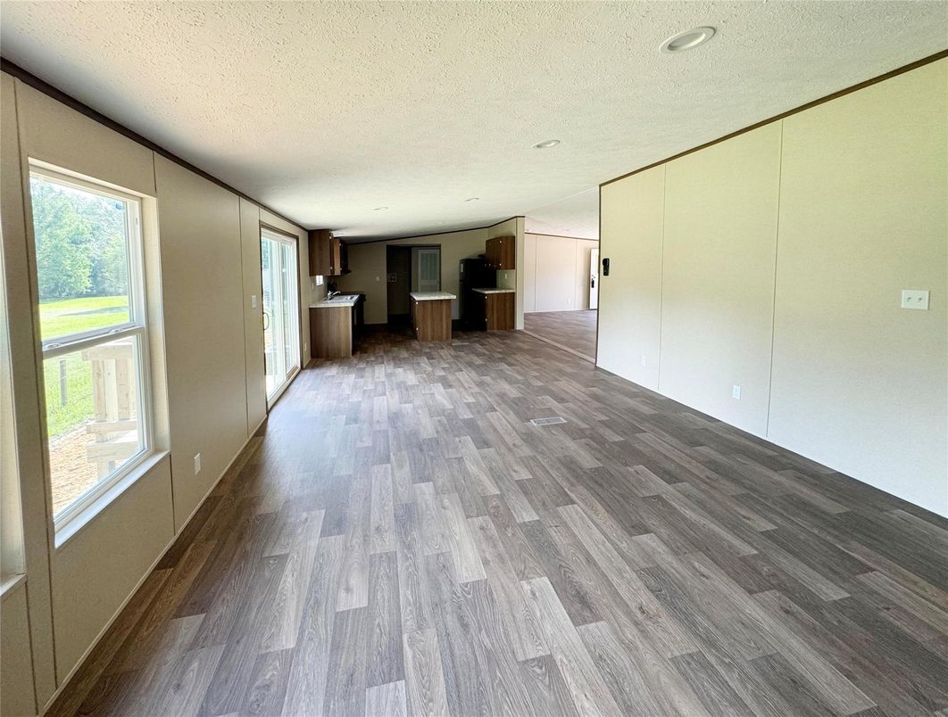Empty room, Interior, Kitchen, Recessed Lighting, Wood Texture Flooring