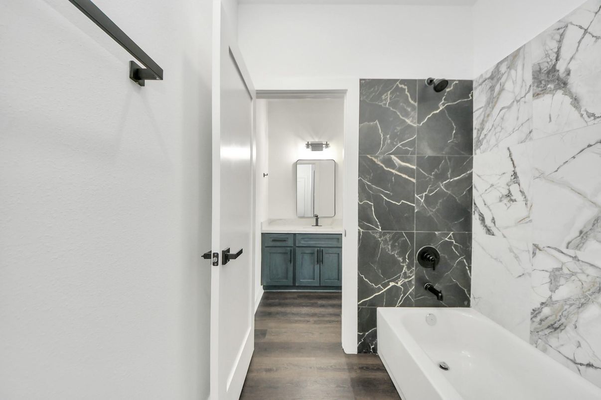 Bathroom, Interior, Marble Walls, Wood Texture Flooring