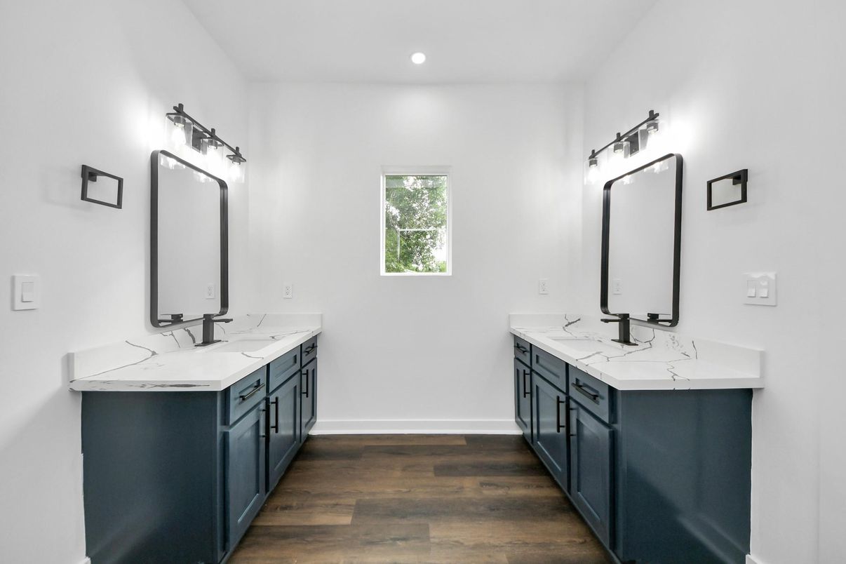 Bathroom, Dual Sink Vanities, Interior, Recessed Lighting, Wood Texture Flooring