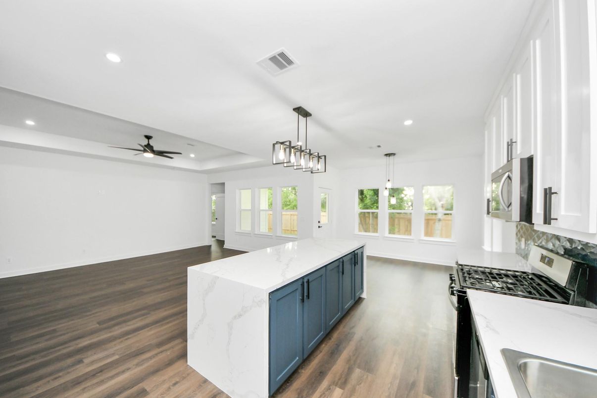 Interior, Kitchen, Pendant Lights, Recessed Lighting, Wood Texture Flooring