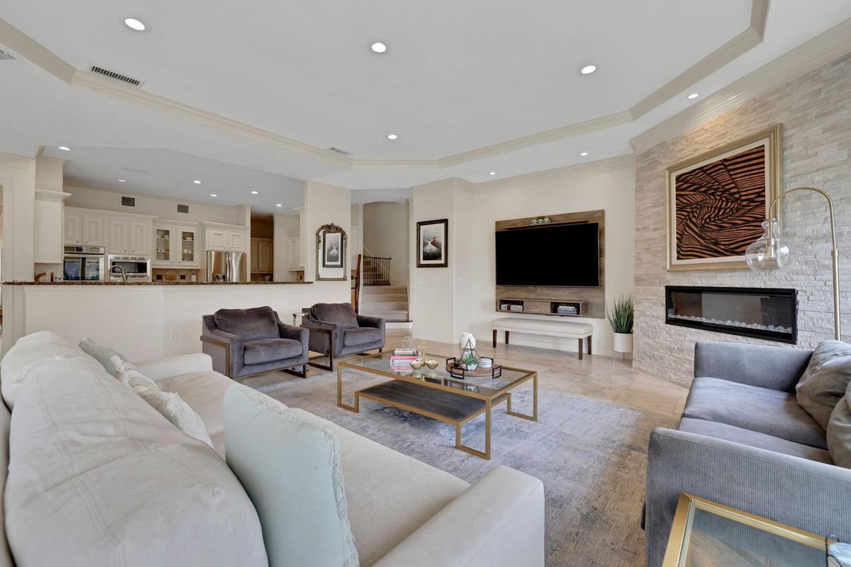 Fireplace, Interior, Kitchen, Living room, Recessed Lighting, Stone Walls