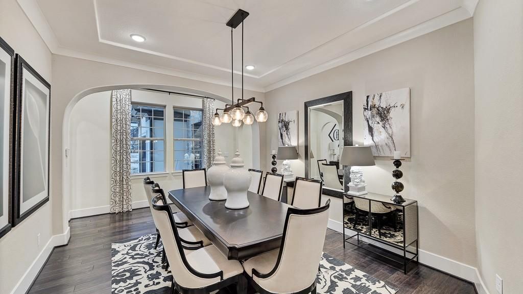 Dining room, Interior, Pendant Lights, Recessed Lighting, Wood Texture Flooring