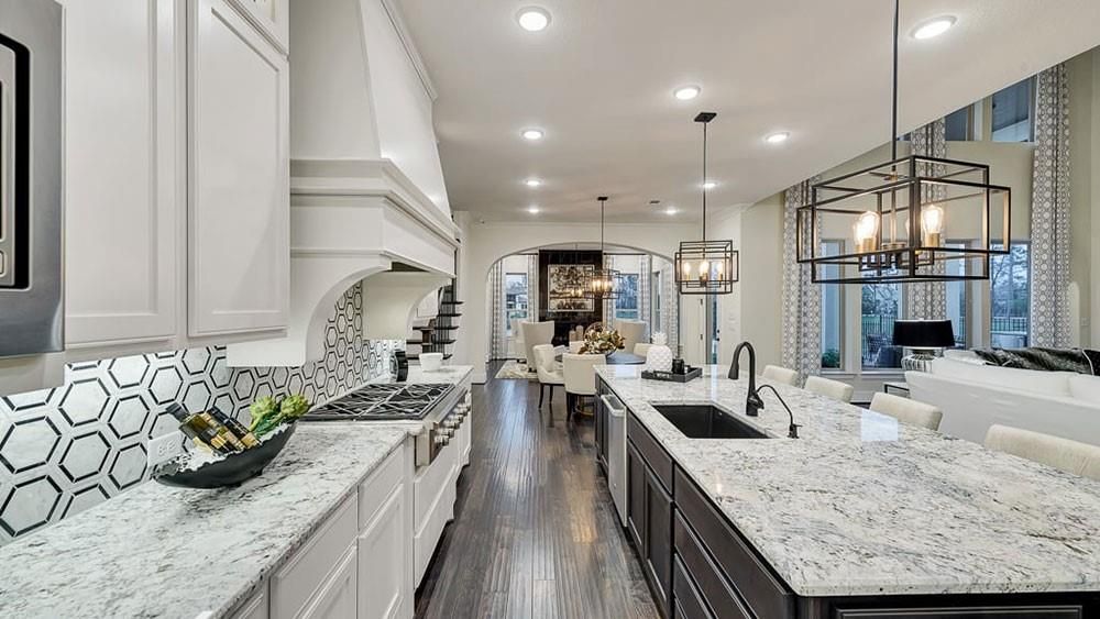 Chandelier, Dining room, Interior, Kitchen, Living room, Pendant Lights, Recessed Lighting, Wood Texture Flooring