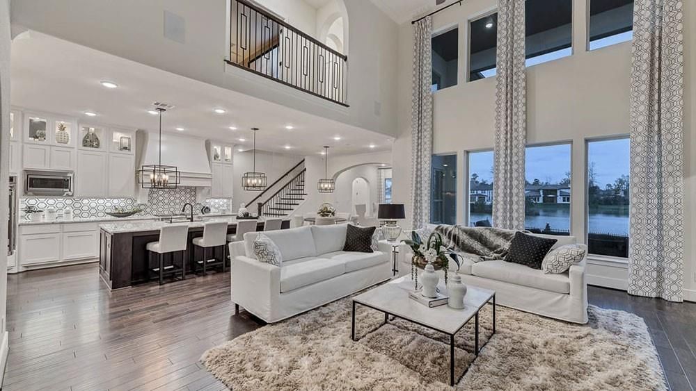 Interior, Kitchen, Living room, Pendant Lights, Recessed Lighting, Water, Wood Texture Flooring