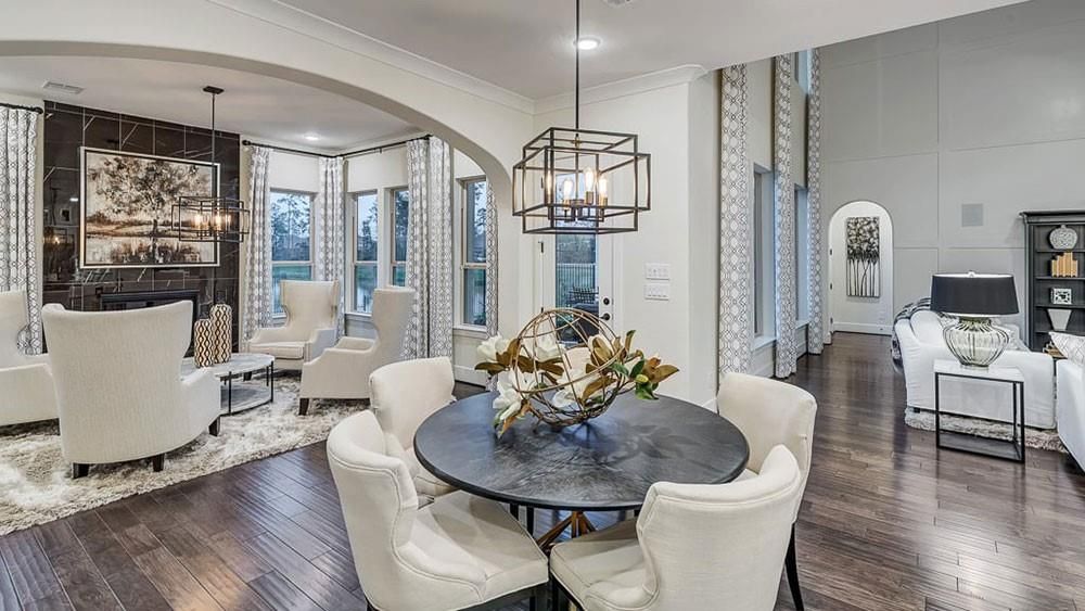 Dining room, Interior, Living room, Pendant Lights, Recessed Lighting, Wood Texture Flooring