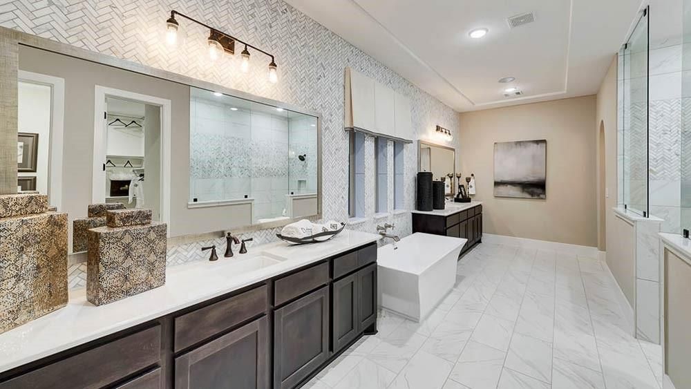 Bathroom, Dual Sink Vanities, Free Standing Baths, Glass Shower, Interior, Marble, Recessed Lighting