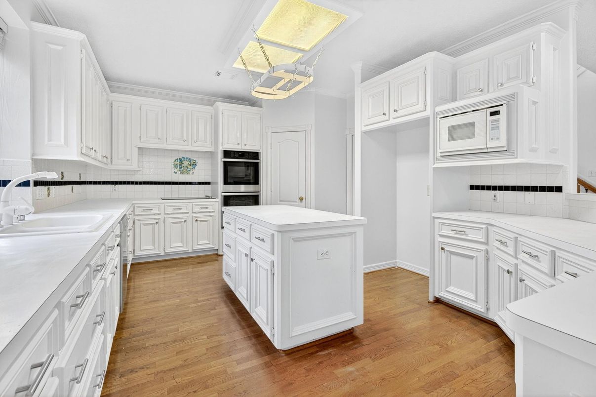 Interior, Kitchen, Tile Countertops, Wood Texture Flooring