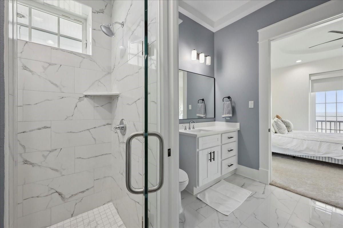 Bathroom, Bedroom, Dual Sink Vanities, Glass Shower, Interior, Marble, Marble Walls, Recessed Lighting