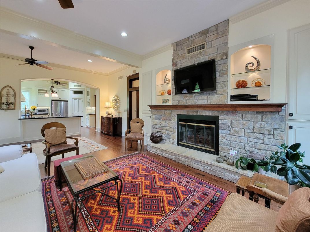 Fireplace, Interior, Kitchen, Recessed Lighting, Stone Walls, Wood Texture Flooring