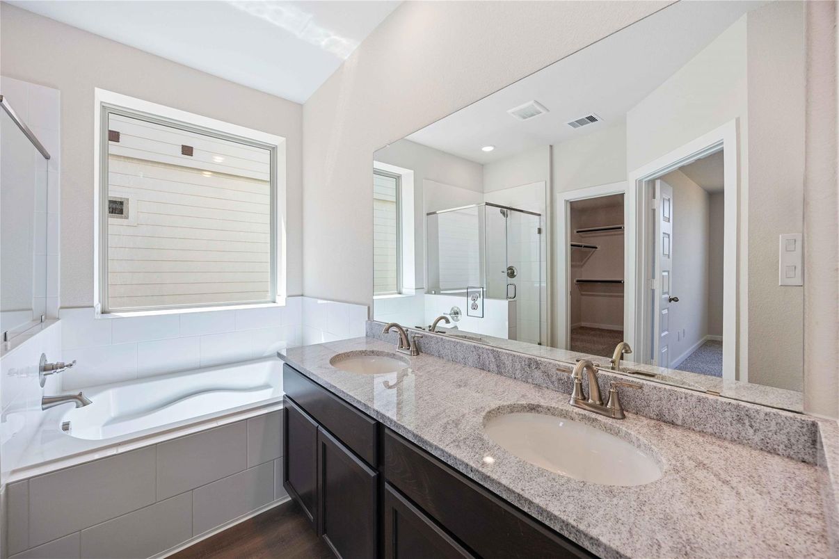Bathroom, Dual Sink Vanities, Interior, Recessed Lighting, Wood Texture Flooring