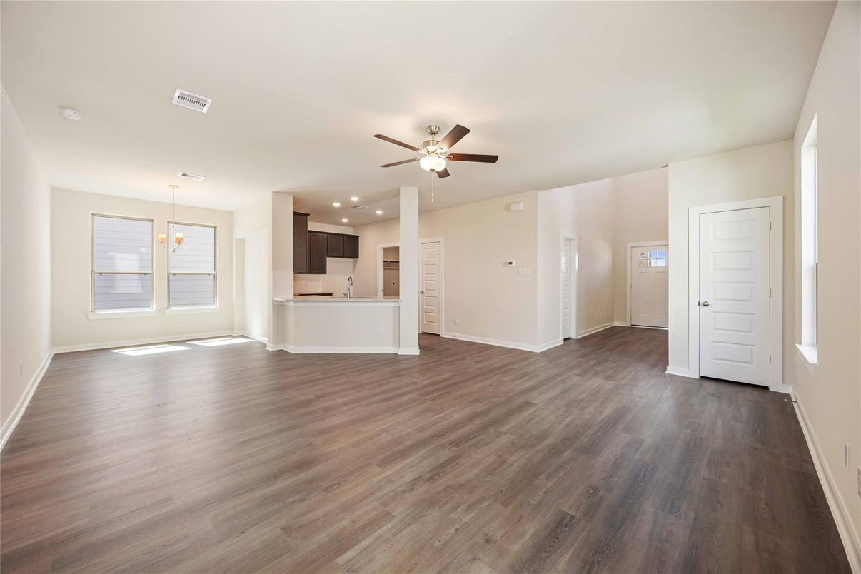 Empty room, Interior, Kitchen, Pendant Lights, Recessed Lighting, Wood Texture Flooring