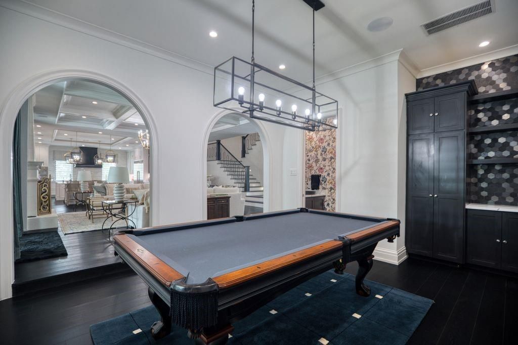 Billiard Table, Chandelier, Game Room, Interior, Pendant Lights, Recessed Lighting, Wood Texture Flooring