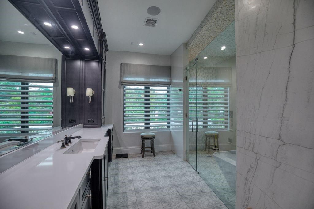Bathroom, Glass Shower, Interior, Marble, Marble Walls, Recessed Lighting