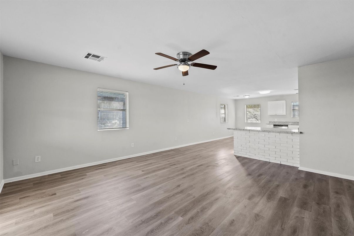 Empty room, Interior, Kitchen, Recessed Lighting, Wood Texture Flooring