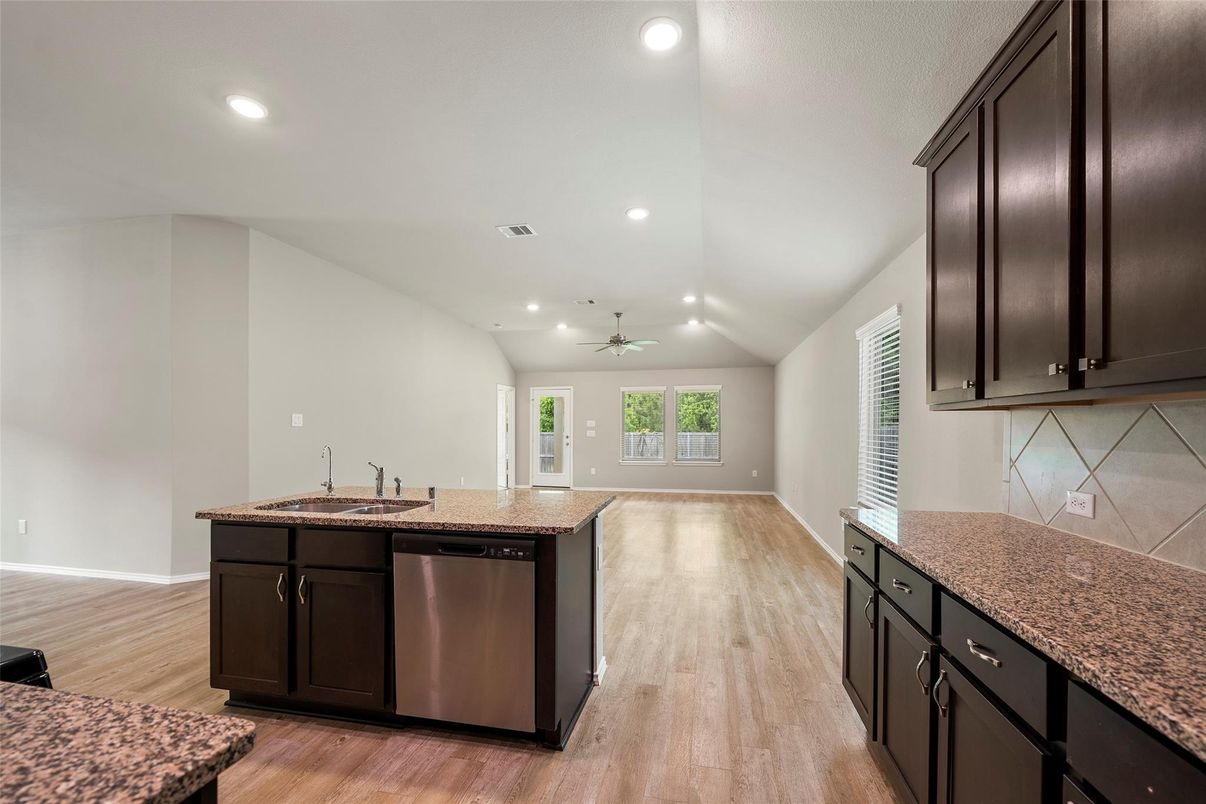 Empty room, Interior, Kitchen, Recessed Lighting, Wood Texture Flooring