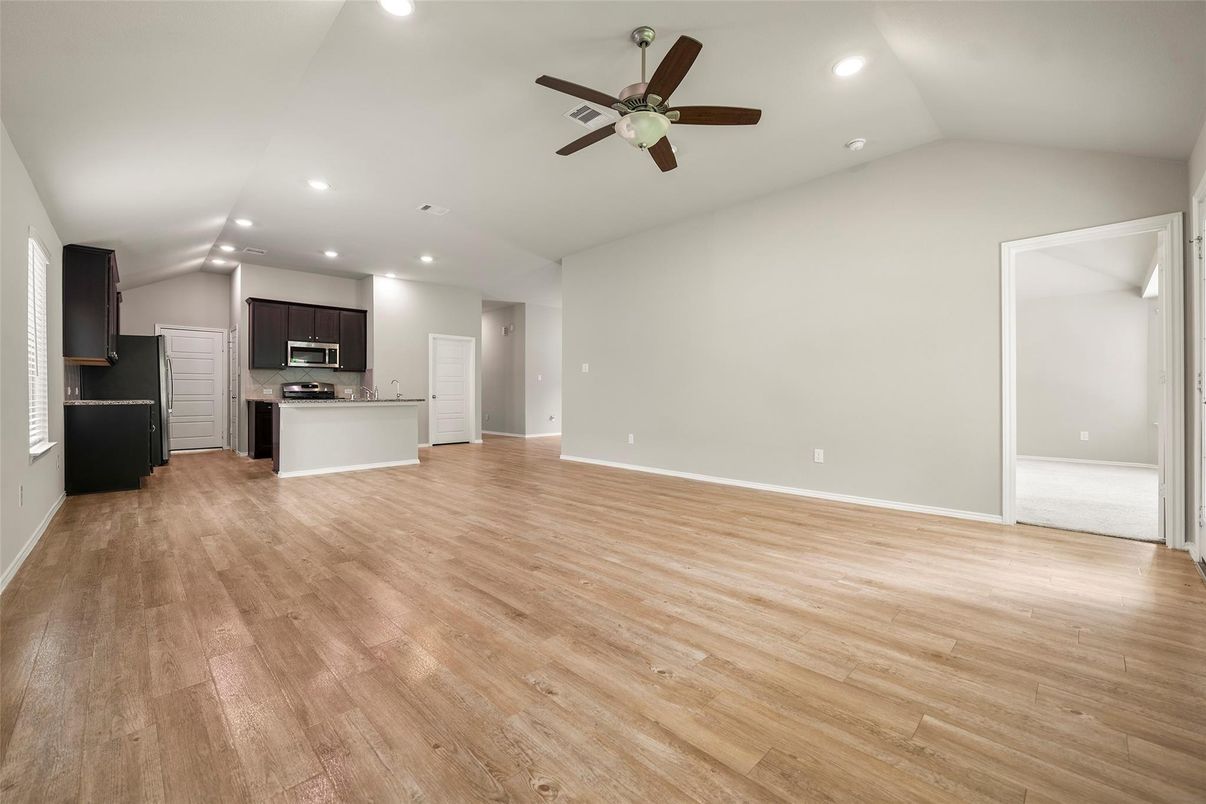 Empty room, Interior, Kitchen, Recessed Lighting, Wood Texture Flooring