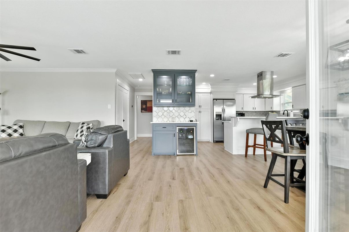 Interior, Kitchen, Living room, Recessed Lighting, Stainless Steel Appliances, Wood Texture Flooring