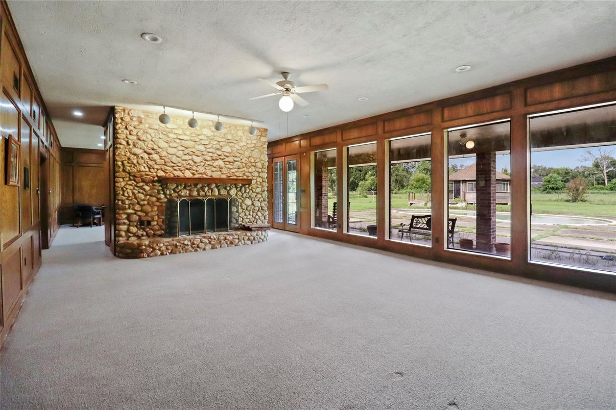 Empty room, Fireplace, Interior, Recessed Lighting, Stone Walls