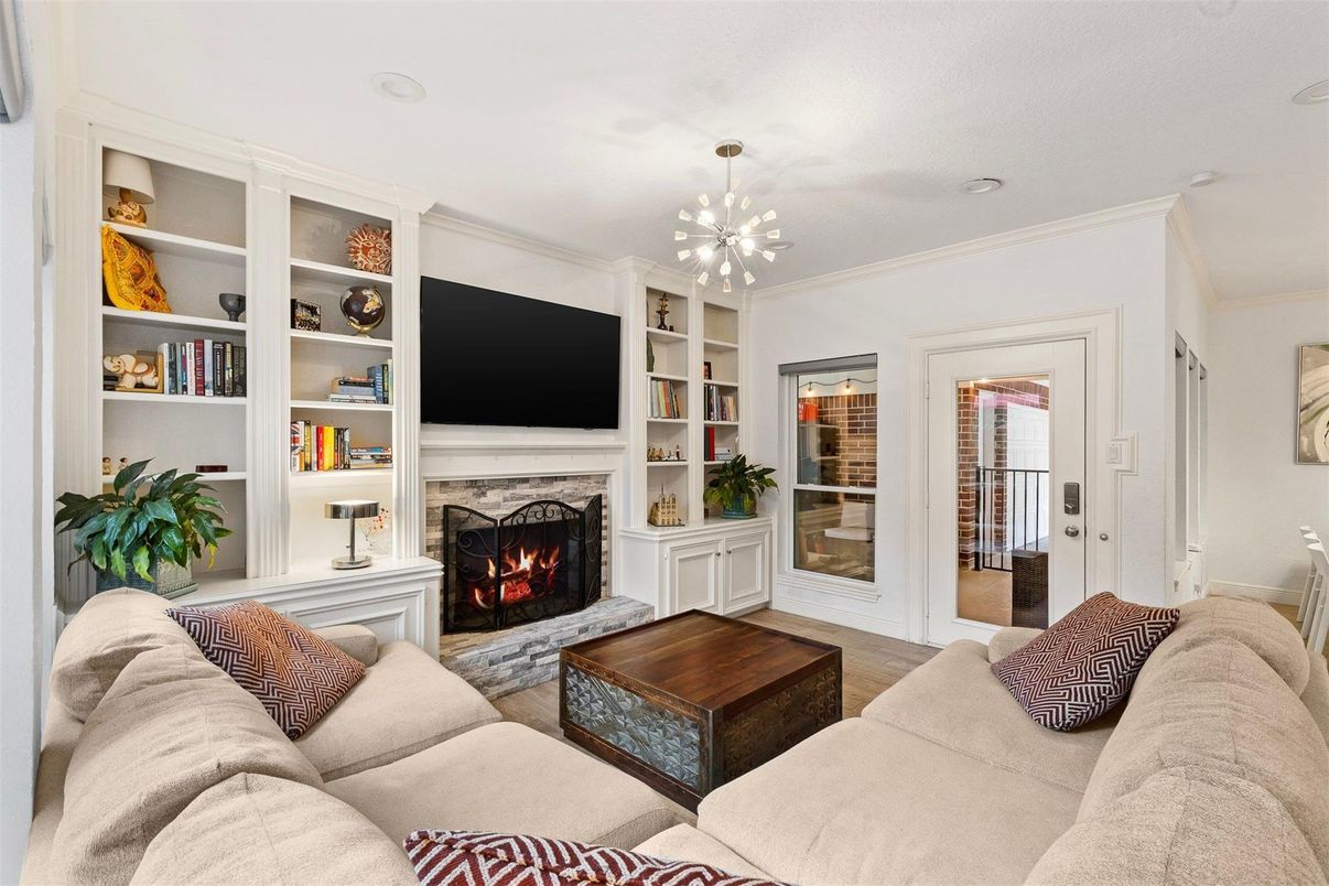 Fireplace, Interior, Living room, Pendant Lights, Wood Texture Flooring