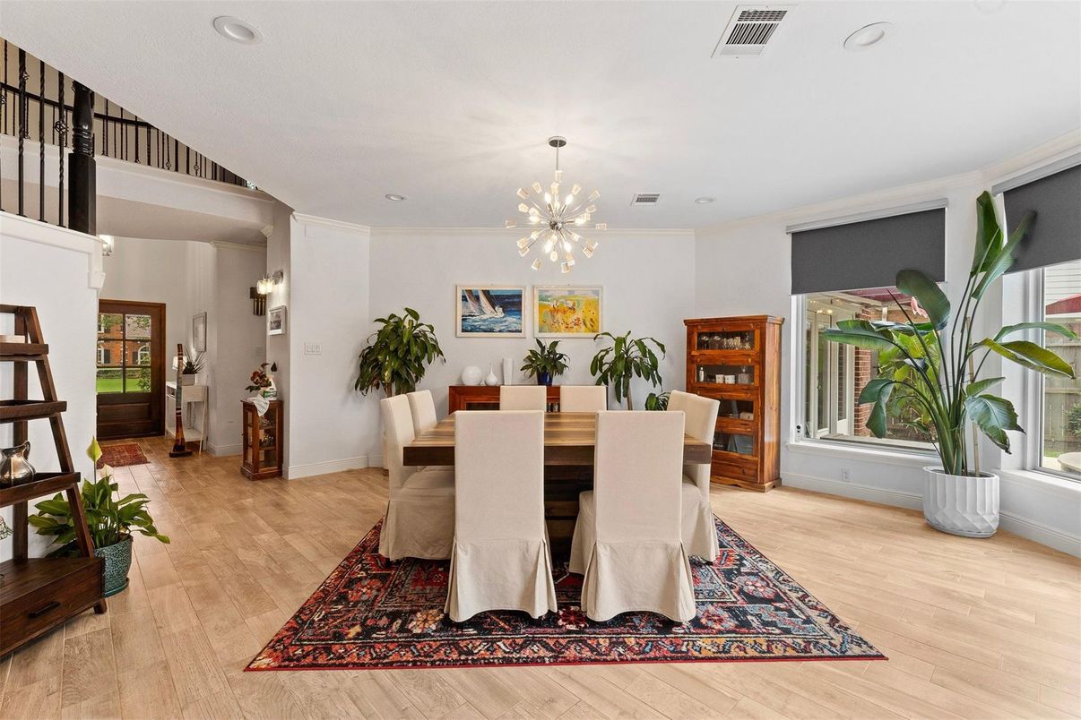 Dining room, Interior, Pendant Lights, Recessed Lighting, Wood Texture Flooring