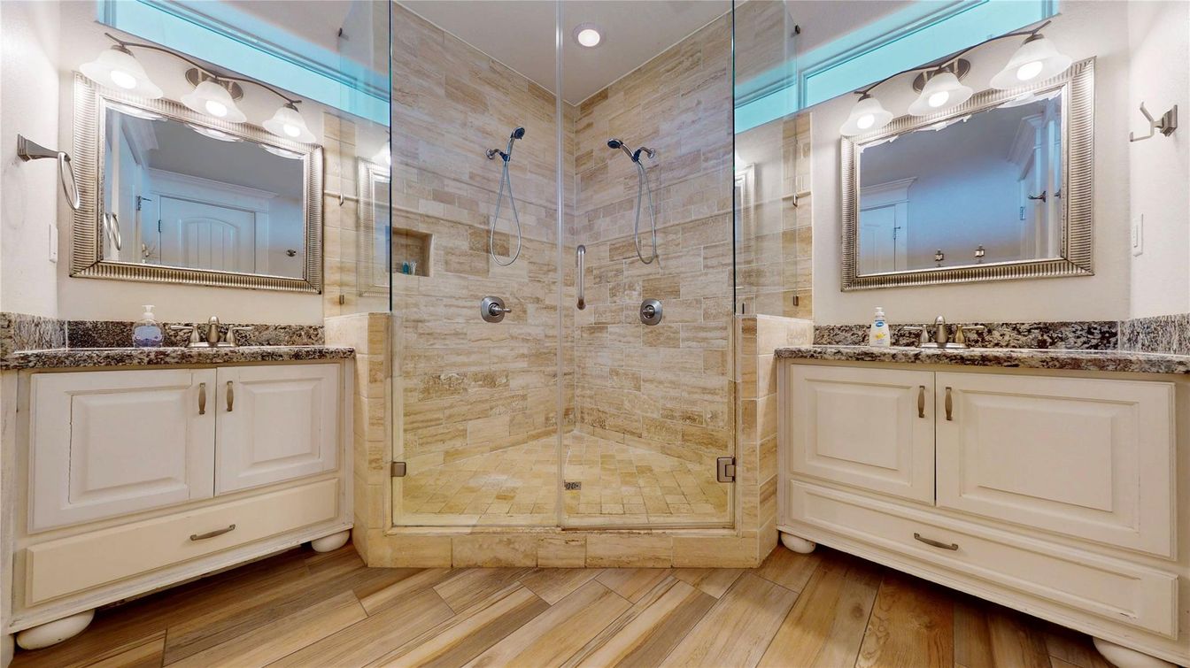 Bathroom, Glass Shower, Interior, Recessed Lighting, Wood Texture Flooring