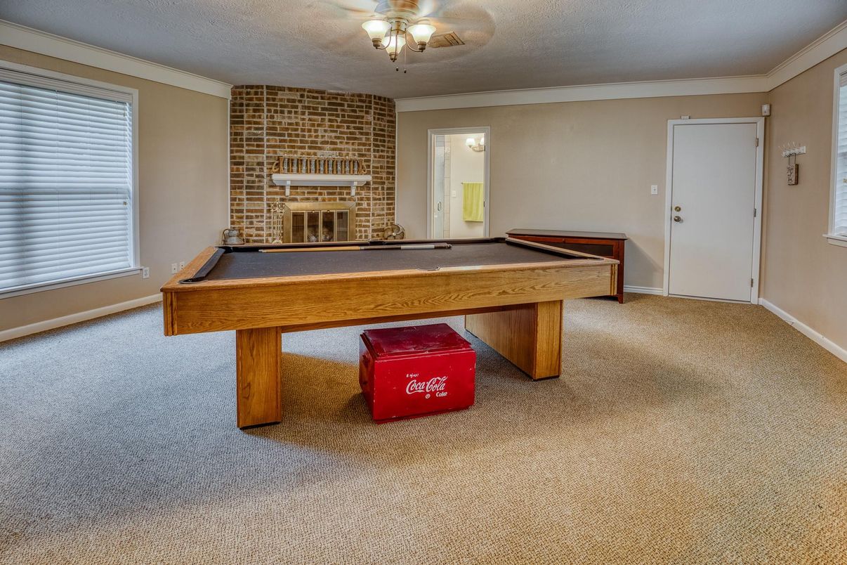 Billiard Table, Fireplace, Game Room, Interior, Stone Walls