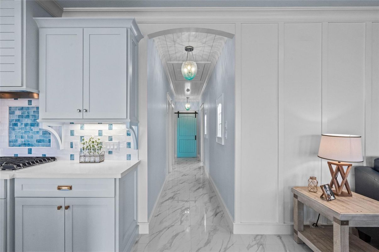 Interior, Kitchen, Marble, Pendant Lights, Recessed Lighting, Stainless Steel Appliances