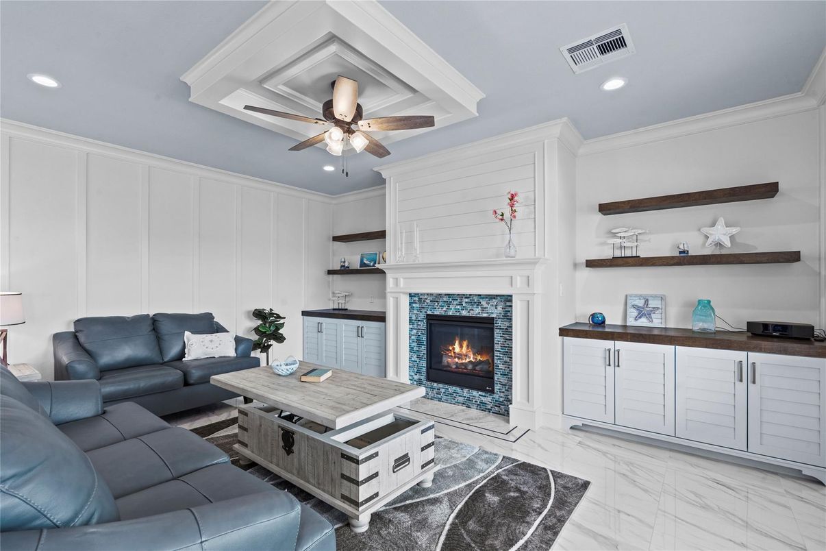 Fireplace, Interior, Living room, Marble, Recessed Lighting