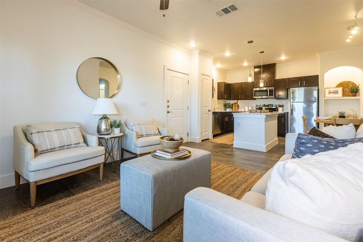 Interior, Kitchen, Living room, Pendant Lights, Recessed Lighting, Stainless Steel Appliances, Wood Texture Flooring