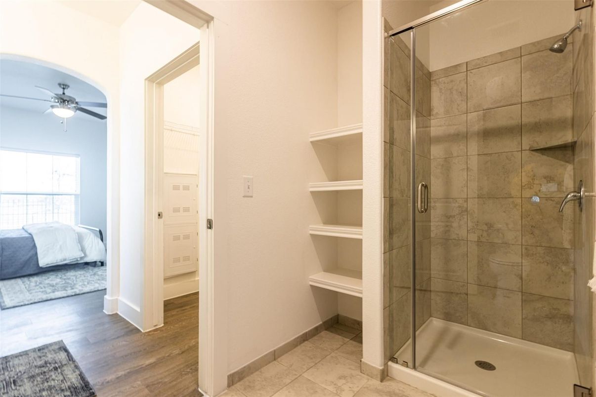 Bathroom, Bedroom, Glass Shower, Interior, Wood Texture Flooring