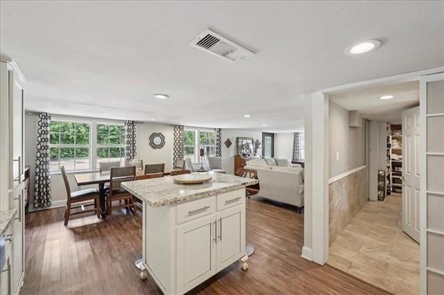 Dining room, Interior, Kitchen, Living room, Recessed Lighting, Wood Texture Flooring