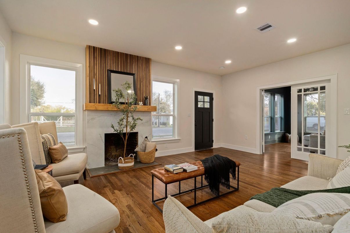 Fireplace, Interior, Living room, Recessed Lighting, Wood Texture Flooring