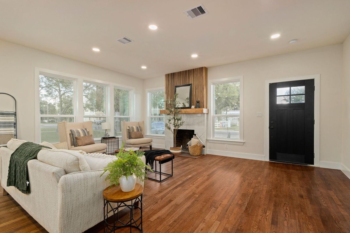 Fireplace, Interior, Living room, Recessed Lighting, Wood Texture Flooring