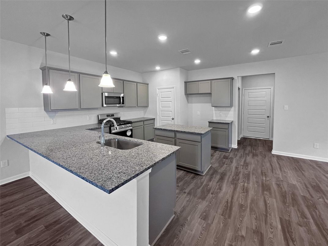 Interior, Kitchen, Pendant Lights, Recessed Lighting, Wood Texture Flooring