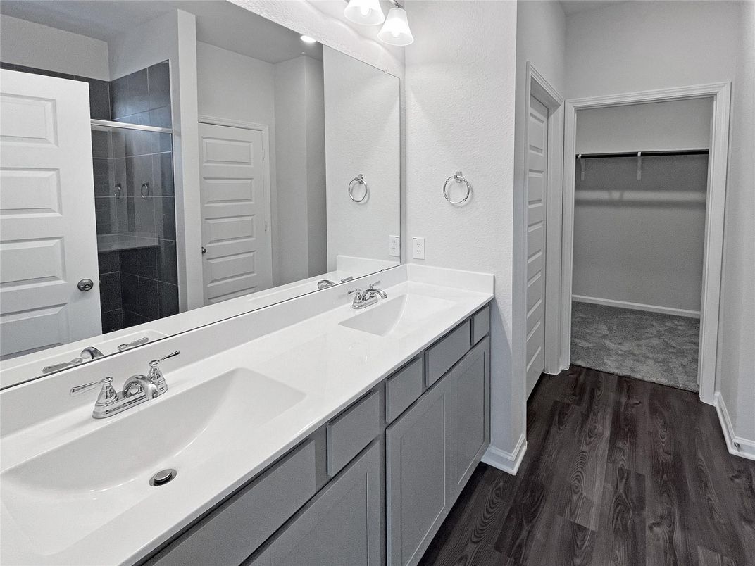 Bathroom, Dual Sink Vanities, Glass Shower, Interior, Wood Texture Flooring