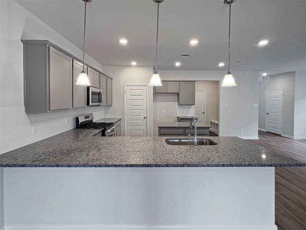 Interior, Kitchen, Pendant Lights, Recessed Lighting, Wood Texture Flooring