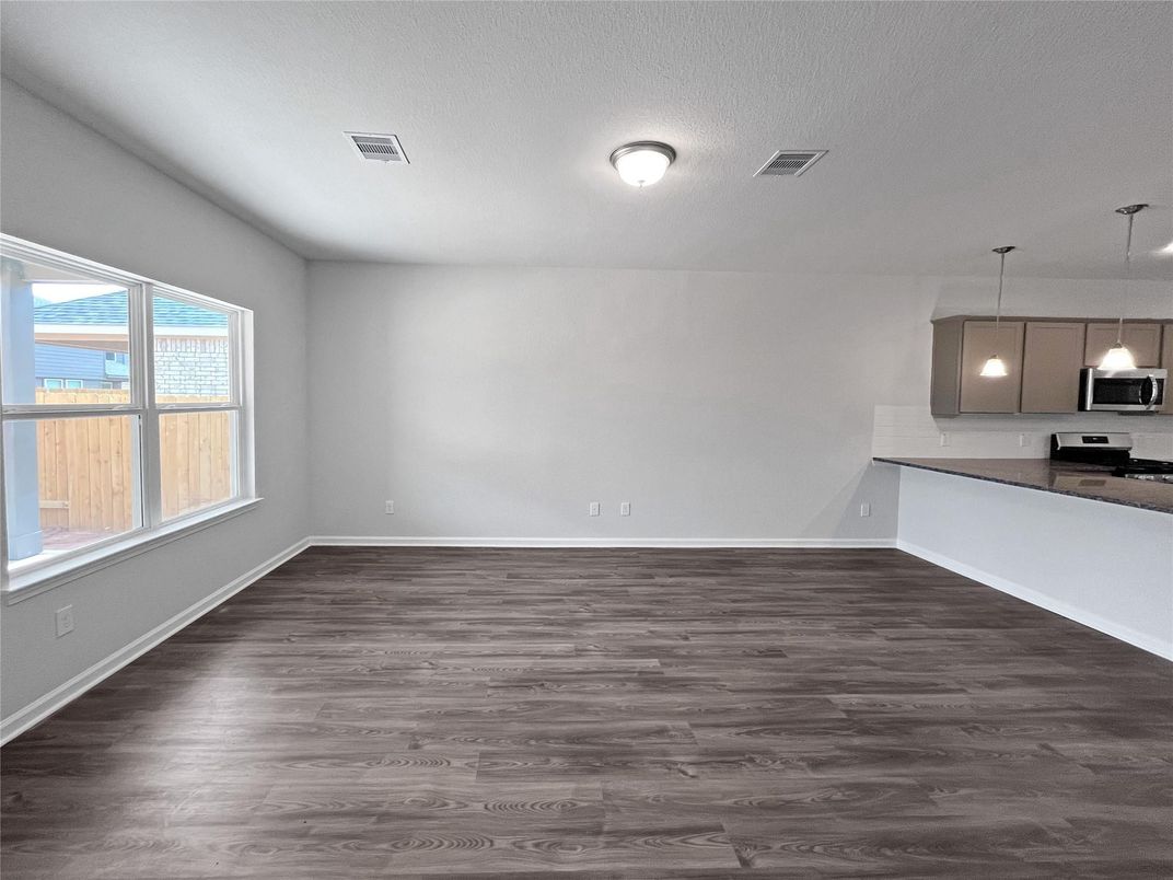 Empty room, Interior, Kitchen, Pendant Lights, Wood Texture Flooring